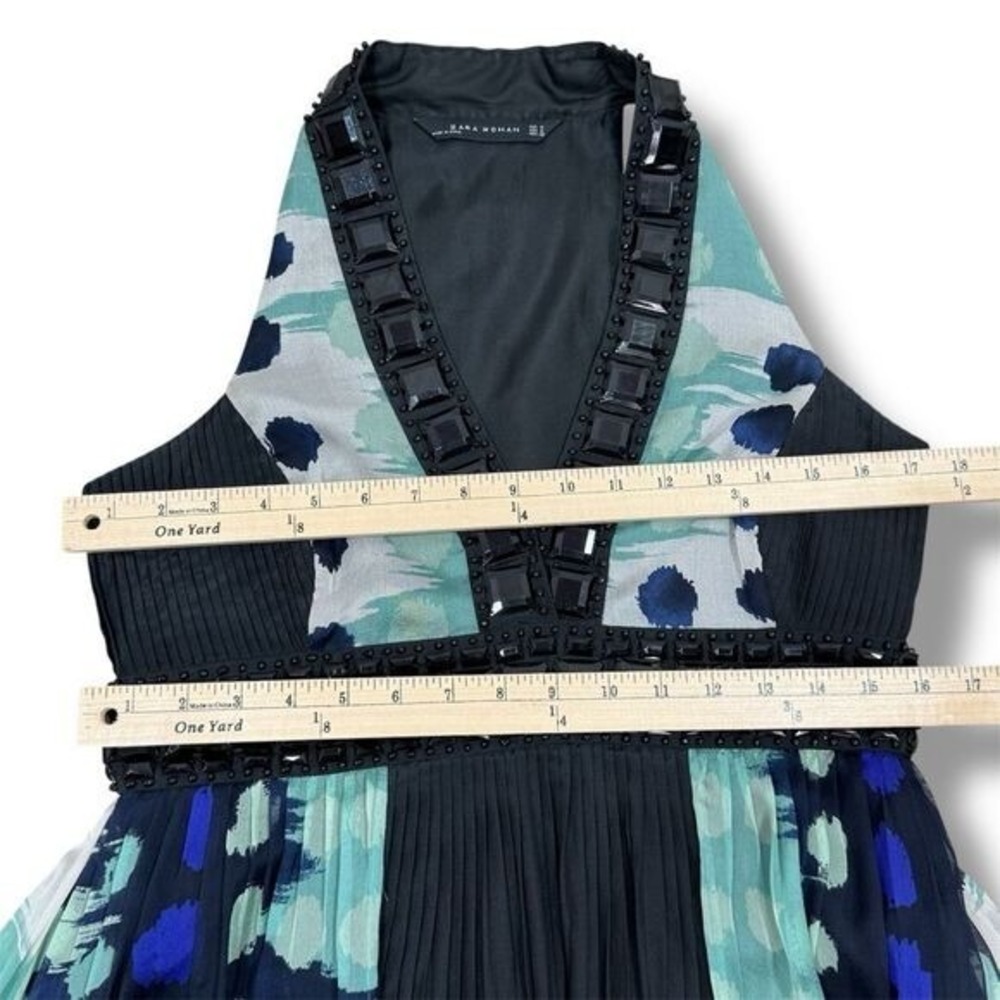 Zara Beaded Silk Pleated Multi Pattern Fit Flare Halter Dress Black Teal Medium - Picture 14 of 15